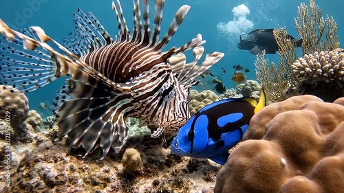 Lionfish Striped and Spiny Swimming Above Coral Reef in Clear Blue Tropical Water