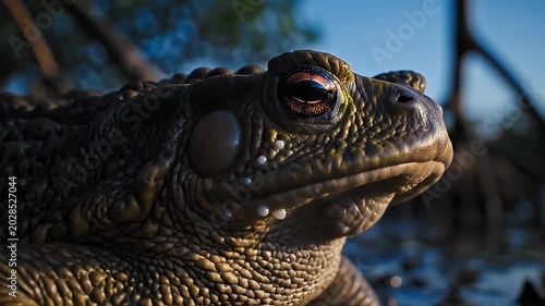 Toad with Textured Skin Resting in Shallow Mangrove Mud at Dusk