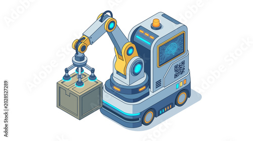 Industrial Robotic Arm on Mobile Base Handling Storage Box