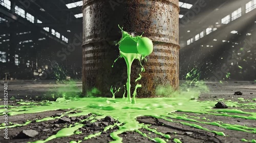 Rusty Metal Barrel Leaking Neon Green Liquid in Abandoned Industrial Warehouse