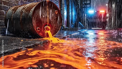Molten Metal Pouring from Rusted Barrel in Rainy Industrial Alley at Night