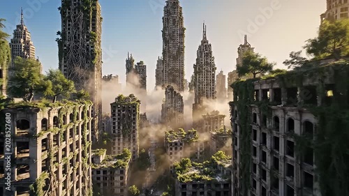 Abandoned Skyscrapers Crumbling and Rising Through Mist in Overgrown Ruined City