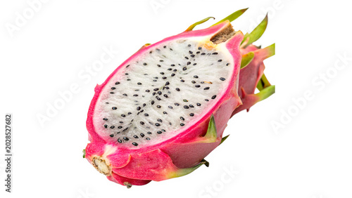 Fotografie A fresh cut half section of exotic tropical pink dragon fruit pitaya isolated on