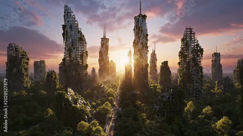 Overgrown Ruined Towers Rising Above Dense Forest at Glowing Sunset