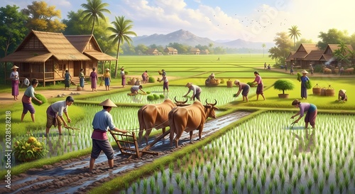 Farmers working in rice fields with water buffalos in a rural landscape