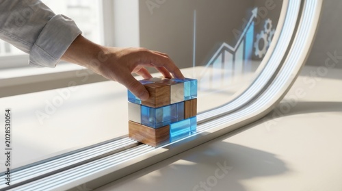 A person's hand touching a small house symbolizing scalable business momentum metaphor in a professional setting