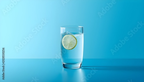 Glass with blue liquid lime slice minimalist monochrome background concept photo
