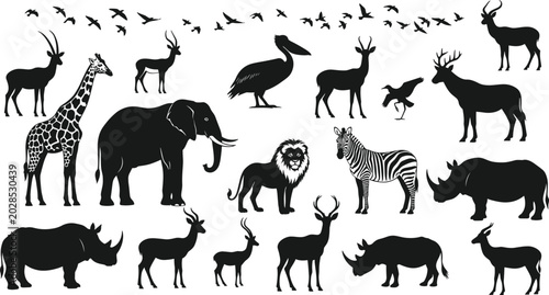 Photography African Wildlife Animal Silhouette Collection with Elephant Lion Zebra Rhinocero