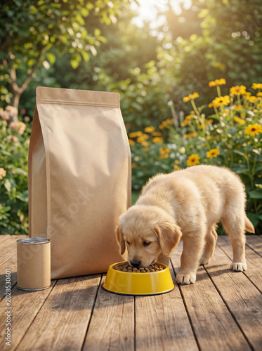 Golden retriever puppy eating dry dog food from bowl outdoors, natural pet nutrition concept with eco packaging and sunlight garden background
