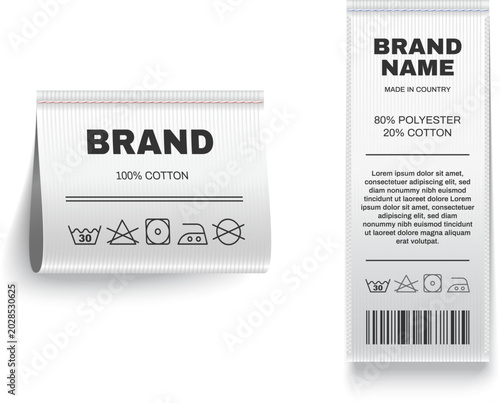 Clothing labels with brand name and garment care instructions set.