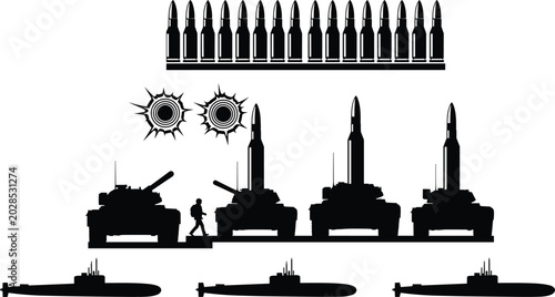 Bild auf Leinwand Military Weapon Silhouette Collection with Bullets Tanks Submarines and Ammuniti