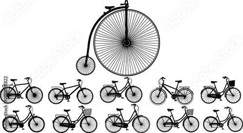 Bild auf Leinwand Vintage and Modern Bicycle Silhouette Collection with Classic Cycles City Bikes
