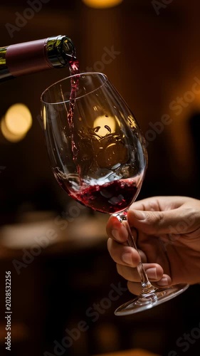 Man pouring red wine from bottle into glass. Alcohol glass beverage served at restaurant. Concept of leisure relaxation dining, celebration and gourmet service. Vertical video