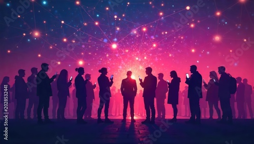 Silhouetted figures gather, phones glowing, illustrating a futuristic wireless social network; connection, community, and digital interaction are subtly conveyed , community, mobile