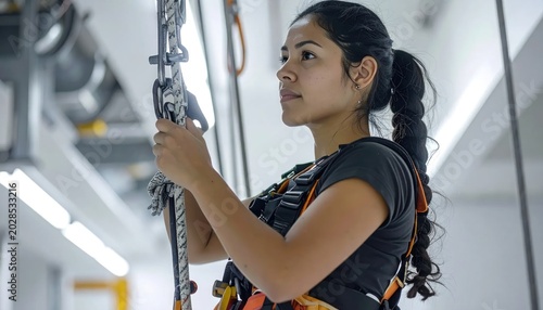Young woman in climbing gym harness.