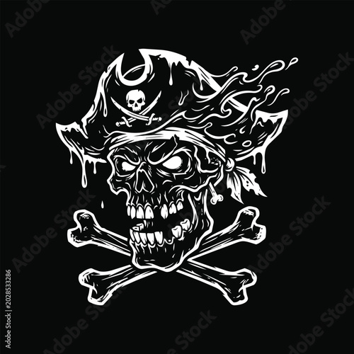 Detailed Pirate Skull with Decorative Hat and Crossed Swords Vector Illustration