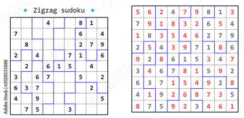 Slika na platnu Jigsaw sudoku puzzle with medium difficulty level showing unsolved grid and comp