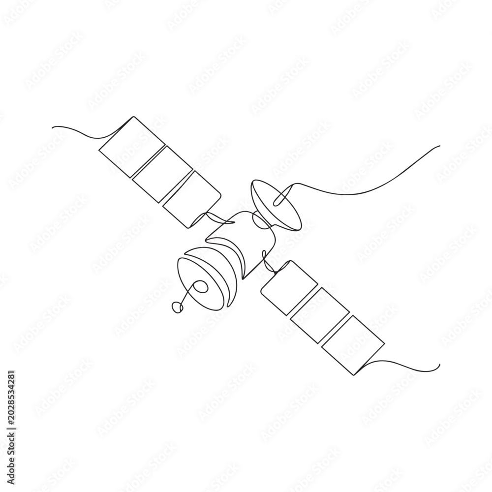 Obraz premium Continuous line drawing of a satellite, representing technology, space, and communication.