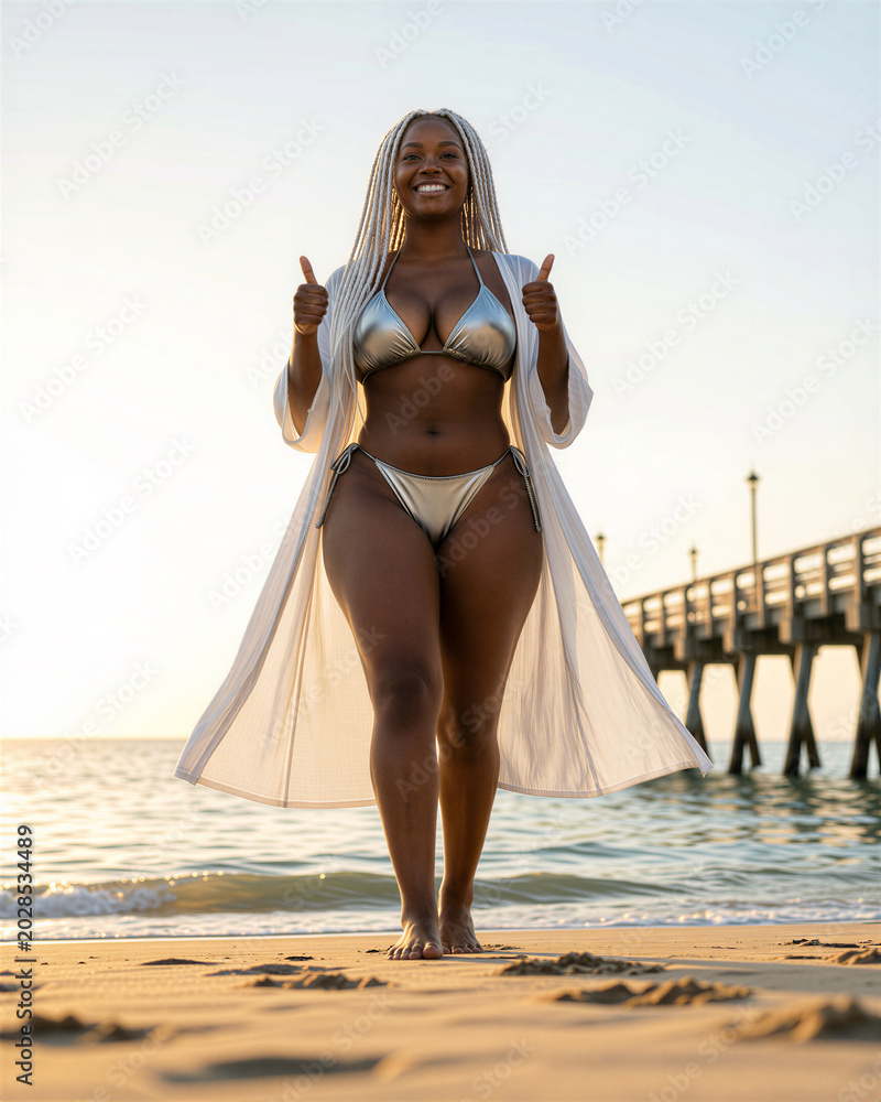 Obraz premium Dark-skinned woman with long blonde dreadlocks wearing beige bikini and white cover-up walking on a sandy beach with a pier in the background, exuding happiness and joy.