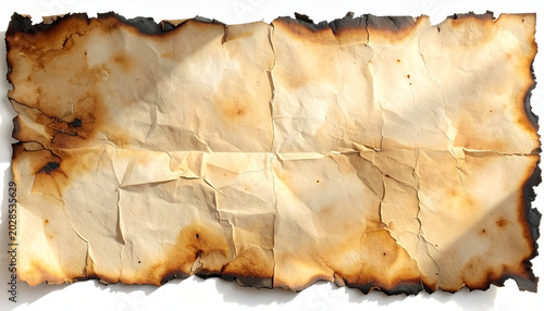 Aged and burned paper texture with crumpled edges and white background