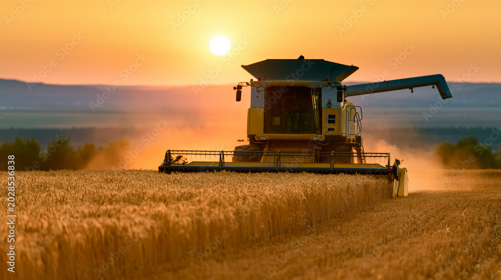Fototapeta premium Golden wheat field at sunset with a combine harvester in the background, representing agriculture and harvest season.