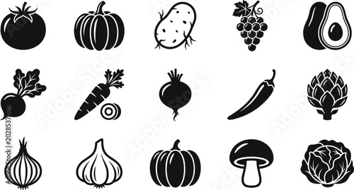 Foto Vegetable and fruit silhouette icon set with pumpkin onion garlic chili and cabb