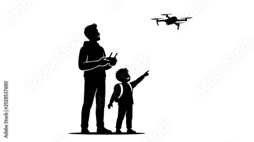 Canvas Print Father son flying drone, black silhouette, technology fun, recreational activity