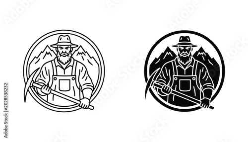 Tableau sur toile Mountain man with pickaxe character emblem in black and white vector style for o