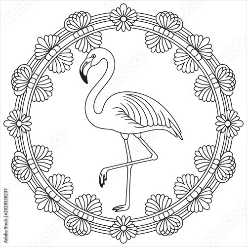 Flamingo, floral wreath, vector illustration, line art, black and white