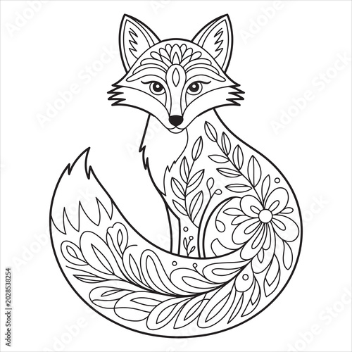 Vector Fox, Floral Patterns, Coloring Book Illustration, Wildlife Art