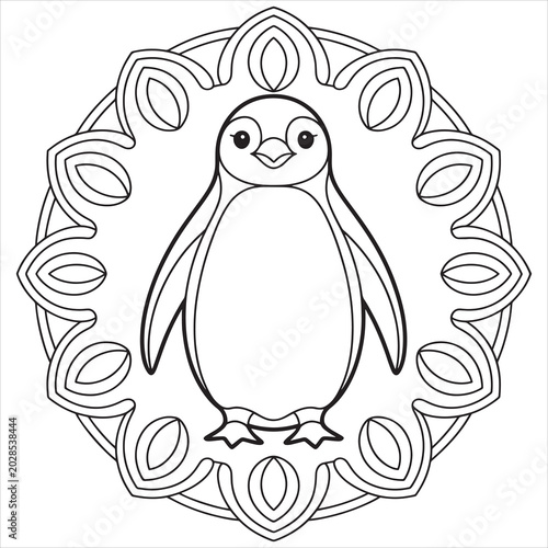 Cute penguin, black and white illustration, coloring book page, animal design, kids activity