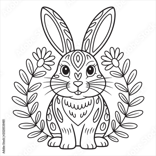 Zentangle bunny, floral wreath, Easter rabbit, coloring page