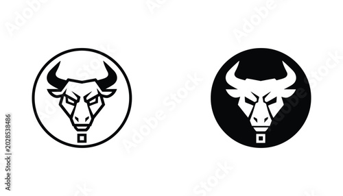 Foto Aggressive bull head inside a circular frame in outline and solid black silhouet