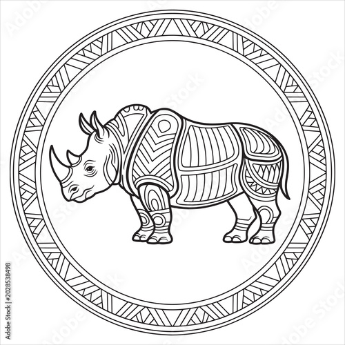 Tribal Rhino, African Animal, Vector Illustration, Black and White Design, Ethnic Pattern