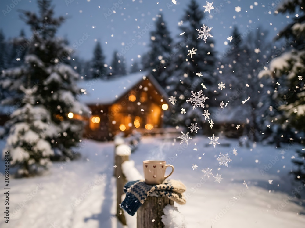 Naklejka premium Cozy winter scene with a hot drink in a snowy landscape at twilight.
