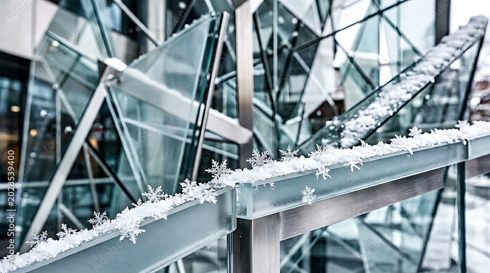 Fototapeta premium Decorative artificial snowflakes on a modern glass building railing.