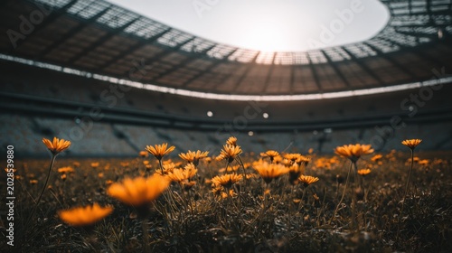 Field of Yellow Flowers in an Empty Stadium at Dusk