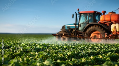 Tracteur pulvérisant des produits agricoles dans un champ verdoyant