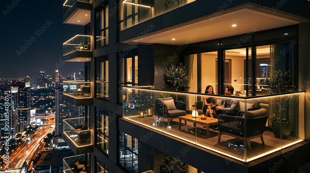 Fototapeta premium Glass Balcony With Glowing Lights Overlooking City Nightscape In Modern Luxury Architecture Scene