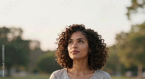 Pensive young woman in outdoor park reflecting thoughtfully, curly hair and serene expression against a nature backdrop, emotional depth in tranquil moment