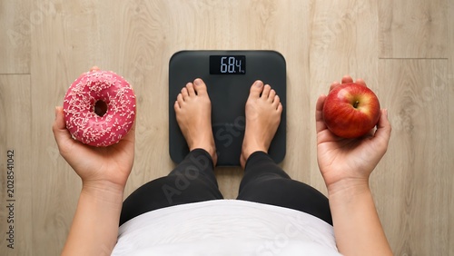 Person standing on scale holding an apple and a donut for diet choice