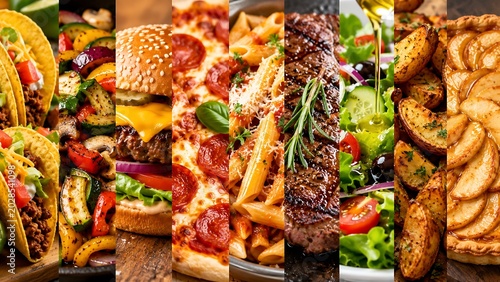 Assorted international food dishes in a colorful collage