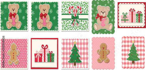 Collection of christmas cards with festive designs and characters on colorful backgrounds for holiday greetings and celebrations