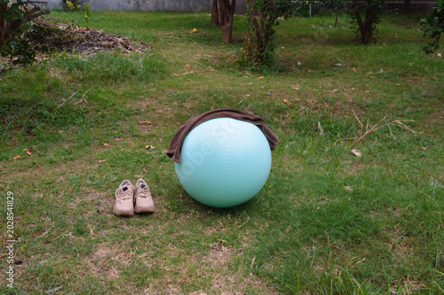 Looking straight down from an elevated position, a teal exercise ball with a small white towel and brown cream shoes are neatly placed on the grass of an open park.