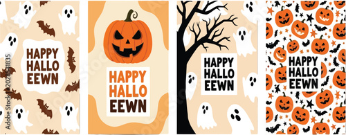 Collection of four halloween greeting cards with ghost, pumpkin and tree designs on colorful backgrounds for festive celebrations