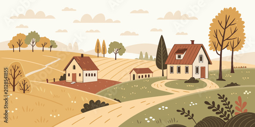 Traditional rural village illustration, simple cottages, farming land, trees and pathway