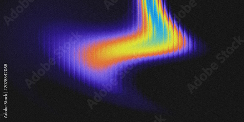 Fotografija Abstract thermal-style gradient background with a grainy texture, featuring a dynamic fluid curve in blue, yellow, orange, and purple against a black backdrop