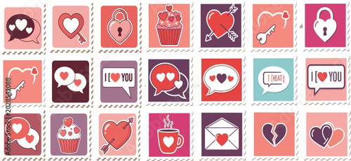 Collection of various heart icons and symbols for valentines day or love themed designs on brown background