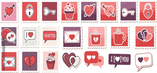 Collection of various heart themed stickers and icons on a brown background for valentines day or love related designs and projects