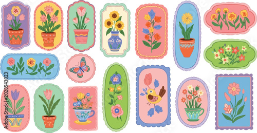 Colorful stickers featuring various flowers, plants, and a bird in decorative vases and pots
